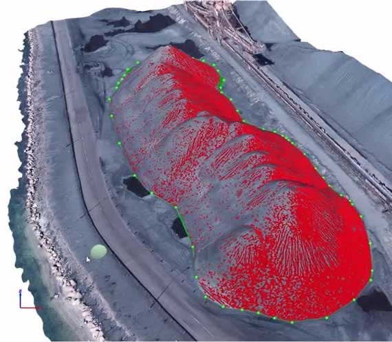 Calcul volumétrique d'un stock de matériaux par photogrammétrie, zone de mesure en surbrillance